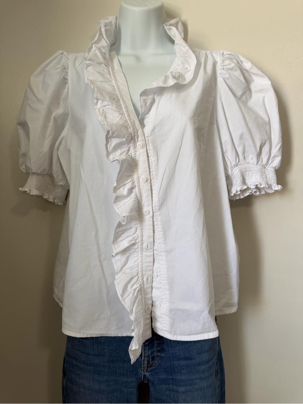 Sugarlips White Ruffle-Trim Puff Sleeve Button Down